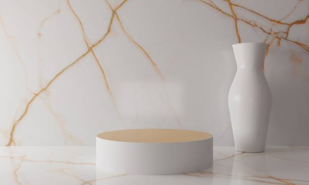 istock wooden cylinder and vase in the white studio room.3d rendering. 1365274686
