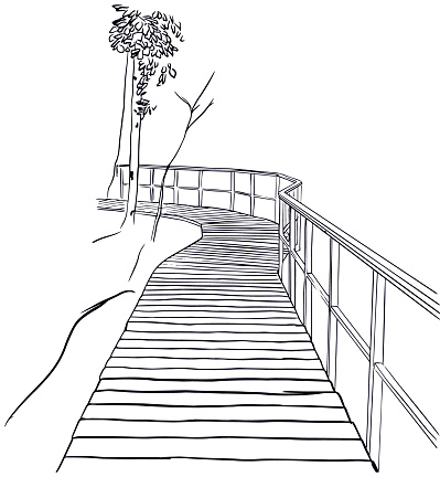 Outline sketch of wooden path in the forest. Terrenkur and ecological tourism concept. Vector illustration