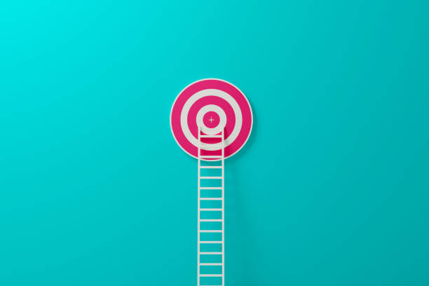 istock 3d rendering illustration, Stand out from the crowd and think different creative idea concepts. Longest white ladder and aiming high to goal target with copy space 1365277756