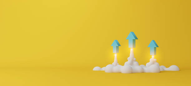 tre frecce che volano su sfondo giallo. sviluppo del business per il successo e concetto di crescita crescente. illustrazione di rendering 3d - miglioramento foto e immagini stock