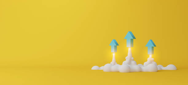 three arrows soaring on yellow background. business development to success and growing growth concept. 3d render illustration - melhoria imagens e fotografias de stock