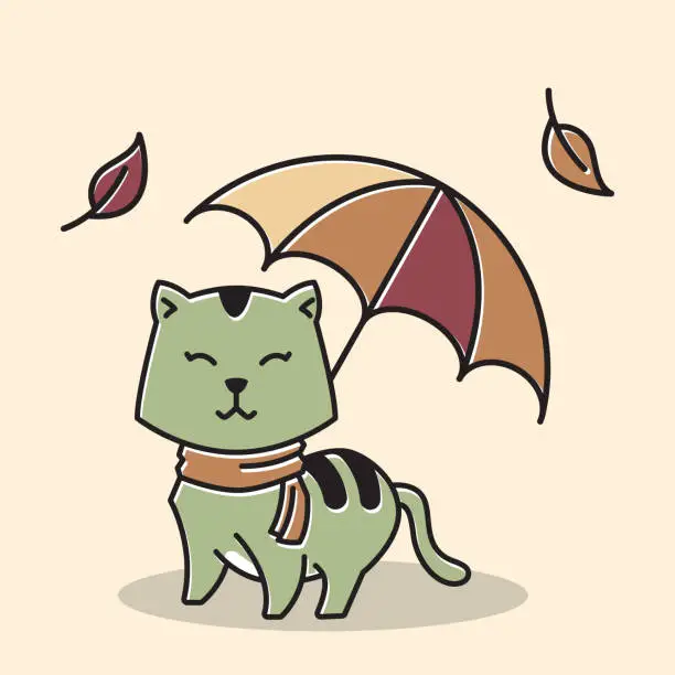 Vector illustration of Cat Scarf Standing Smiling Umbrella Autumn Fall Season Cartoon