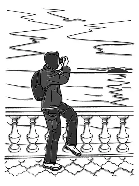 Vector illustration of A male tourist photographs sunset or sunrise on sea. Traveler taking photo and video on camera. Photographer takes a beautiful seascape. Tourist vacation. Summer landscape. Sketch line drawing