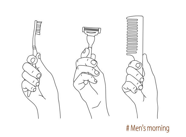 Men's morning. Hand holds a toothbrush, a safety razor for shaving, a comb. Morning self care and your face. Personal hygiene items. Taking care of your health. Sketch, linear drawing Men's morning. Hand holds a toothbrush, a safety razor for shaving, a comb. Morning self care and your face. Personal hygiene items. Taking care of your health. Sketch, linear drawing safety razor stock illustrations