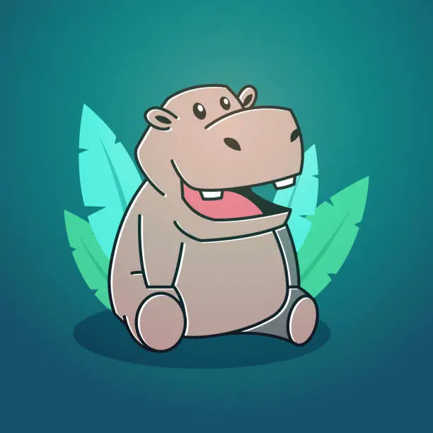 Vector illustration of Cute Happy Big Hippo Hippopotamus Sitting Leaves Mascot Character Cartoon