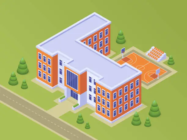 Vector illustration of Isometric school building with basketball stadium