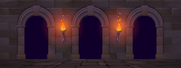 Ancient architecture with arches and torches Ancient classic architecture with arches, wall from stone bricks and burning torches. Vector cartoon illustration of old castle, palace or temple facade with granite blocks and arcade at night cartoon palace stock illustrations