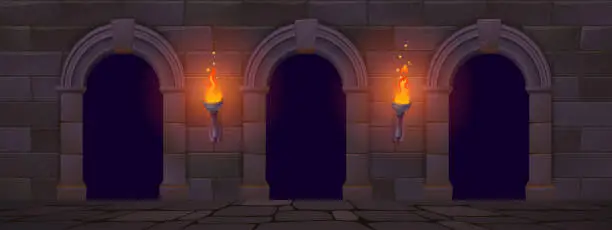 Vector illustration of Ancient architecture with arches and torches