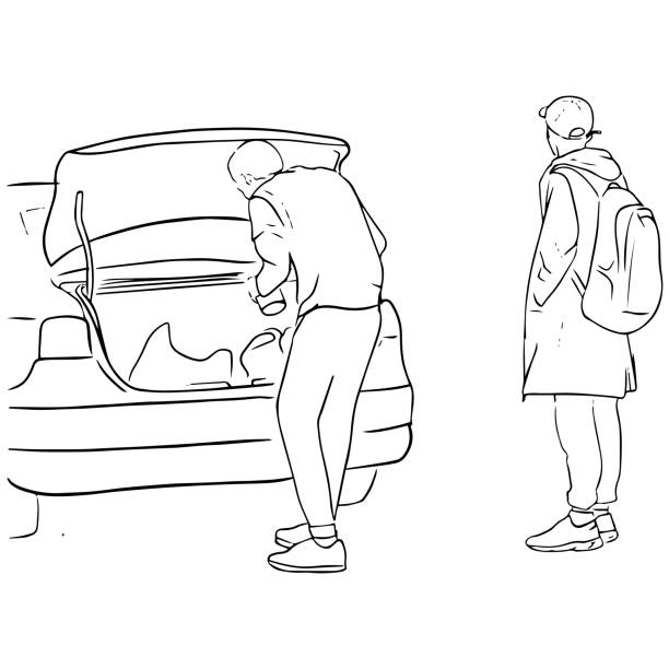 illustrations, cliparts, dessins animés et icônes de croquis des hommes en pleine croissance près du coffre de la voiture - enfants derrière voiture vacance