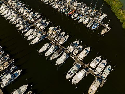 Aerial overhead photo of boats at a marina