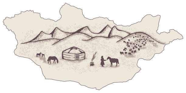 Sketch - life in Mngolia on the background of the map Sketch - life in Mngolia on the background of the map, vector design independent mongolia stock illustrations