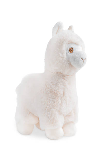 istock Furry soft llama toy with brown eyes standing and looking sideways isolated on white background 1365283813