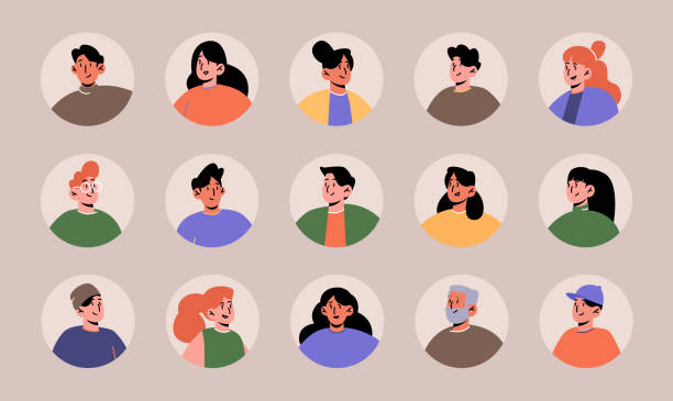 Avatars set with people face for social media Avatars set with people face for social media or profile in app. Vector flat collection of men and women heads in circle frame, female and male characters portraits with different hairstyle characters stock illustrations