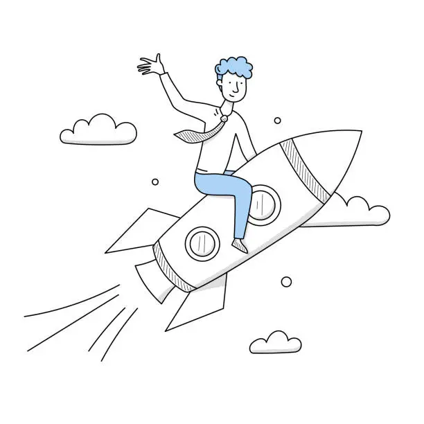 Vector illustration of Businessman flying on rocket in sky, career boost