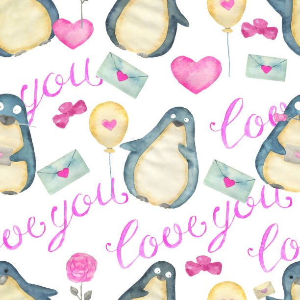 istock Seamless pattern with adorable kawaii penguin bird with hearts and love symbols isolated on white, concept for Valentine's Day greeting card 1365284793