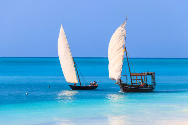 View of tropical sandy Nungwi beach and traditional wooden dhow boats in the Indian ocean on Zanzibar, Tanzania Nungwi, Zanzibar, Tanzania - September 16, 2021: View of tropical sandy Nungwi beach and traditional wooden dhow boats in the Indian ocean on Zanzibar, Tanzania dhow photos stock pictures, royalty-free photos & images