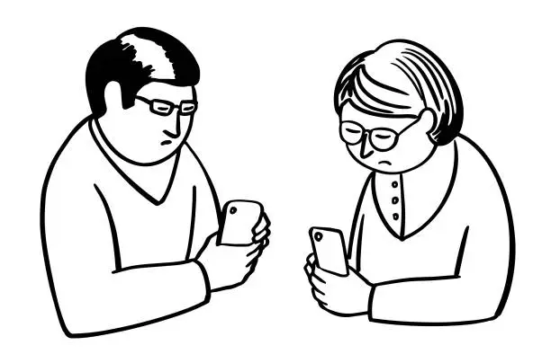 Vector illustration of Middle-aged couple with phones.