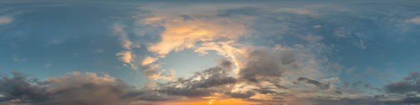 istock Dark blue sunset sky panorama with Cirrus clouds. Seamless hdr pano in spherical equirectangular format. Complete zenith for 3D visualization, game and sky replacement for aerial drone 360 panoramas 1365287891