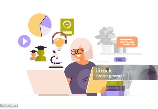 Businesswoman Sitting At Workplace Business Woman Using Laptop Social Media Network Online Communication Concept Stock Illustration - Download Image Now