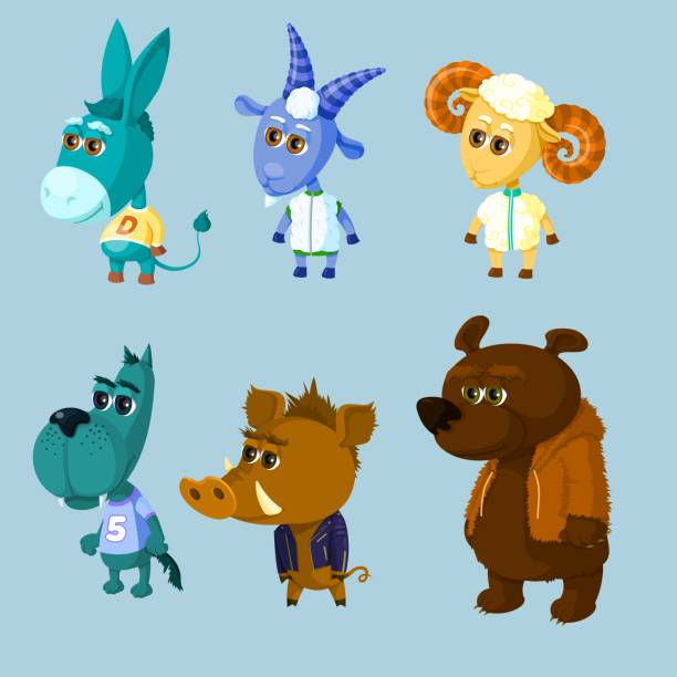 Animals in cartoon style isolated. Domestic animals - sheep, goat and donkey. Wild animals - bear, wild boar and wolf. Animals in cartoon style isolated. Domestic animals - sheep, goat and donkey. Wild animals - bear, wild boar and wolf. The animals are dressed and stand on their hind legs. Funny and colorful. Vector. wolf and lamb stock illustrations