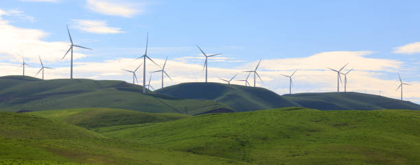 turbinas en el parque eólico altamont pass cerca de livermore, california, ee. uu. - hill green california grass fotografías e imágenes de stock