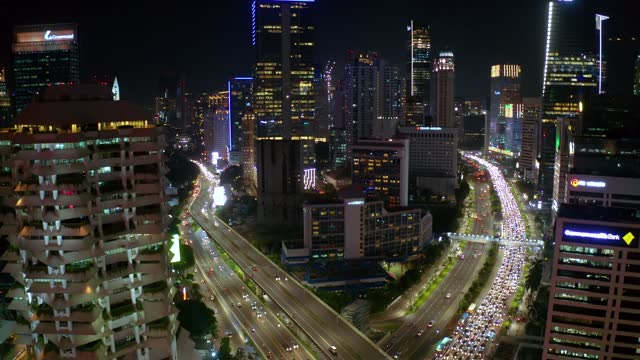 Aerial view of traffic jam on highway at night