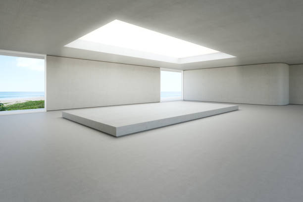Abstract interior design 3D rendering of modern showroom.