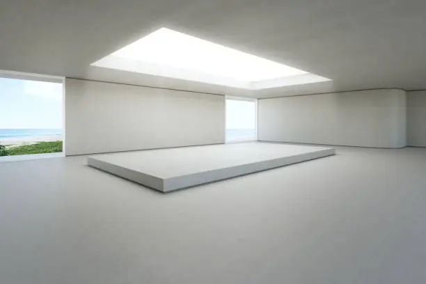 Empty floor and white podium with concrete wall background.