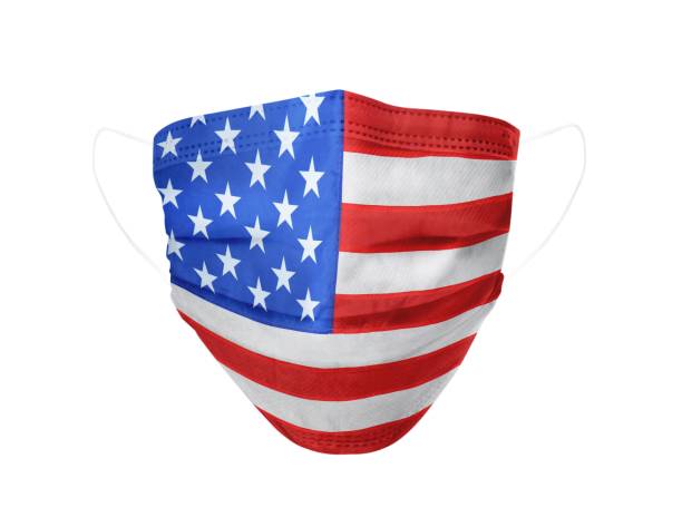 istock Medical protective mask with USA flag pattern on white background. Dangerous virus 1365291964