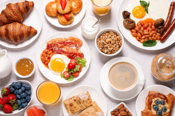 istock Buffet service. Tasty breakfast served on table, flat lay 1365293787
