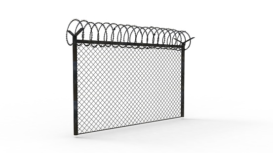 3d rendering of a fence with barbed wire isolated in white studio background