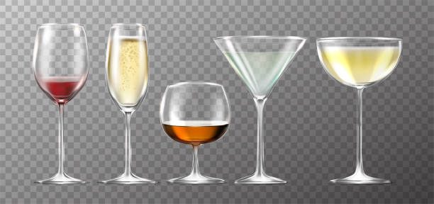 ilustrações, clipart, desenhos animados e ícones de ícone vetorial realista. grande coleção de copos completos, videiras, champanhe, martini, margarita. - tequila bebida branca