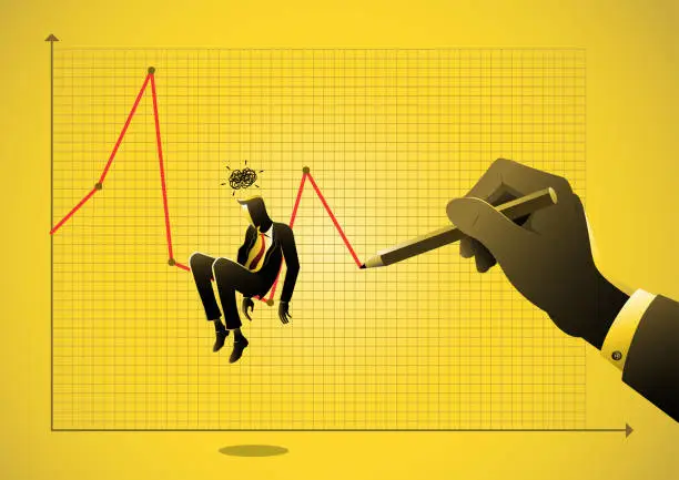 Vector illustration of Young upset stock broker sitting on the deflation graph