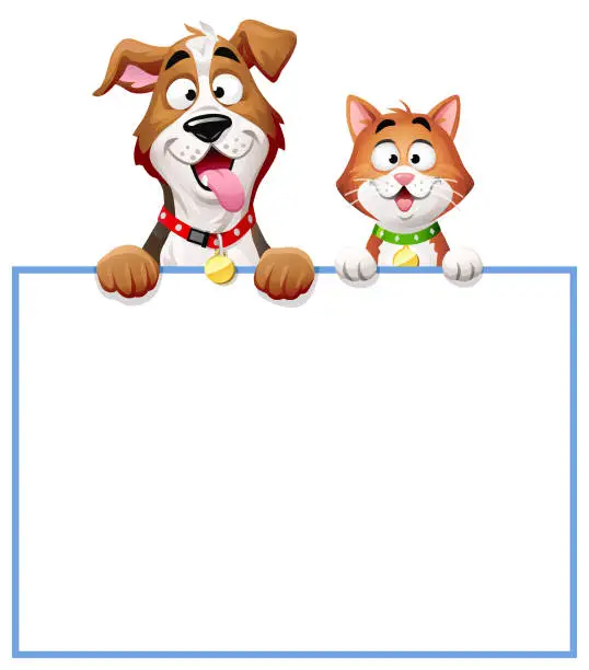 Vector illustration of Cat And Dog Peeking Over Blank White Sign