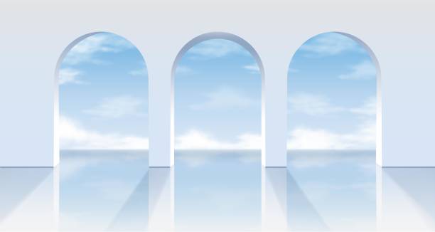 ilustrações de stock, clip art, desenhos animados e ícones de realistic vector white arches with a view on the blue sky. - column roman vector architecture