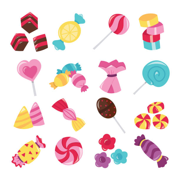 ilustraciones, imágenes clip art, dibujos animados e iconos de stock de juego de dulces súper alegre - dulces