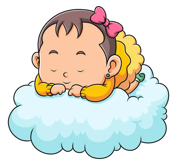Vector illustration of The cute little baby girl is sleeping and posing on the cloud