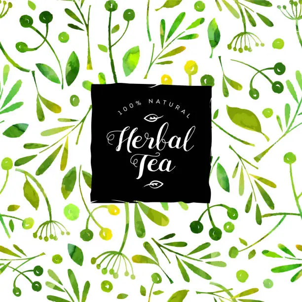 Vector illustration of Herbal tea emblem. Watercolor seamless pattern and pack. Packing and wrapping paper.