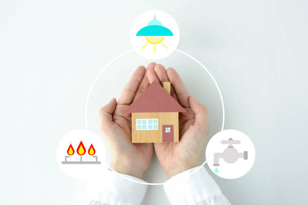 Human's hands and house object with life line icon stock photo