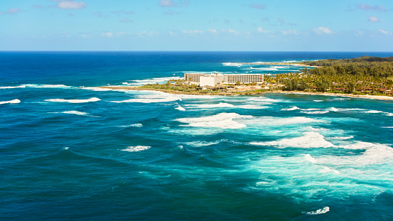 Oahu, HI / USA - February 25, 2021: Aerial view of Turtle Bay Resort with coastline, Hawaii Islands, USA.