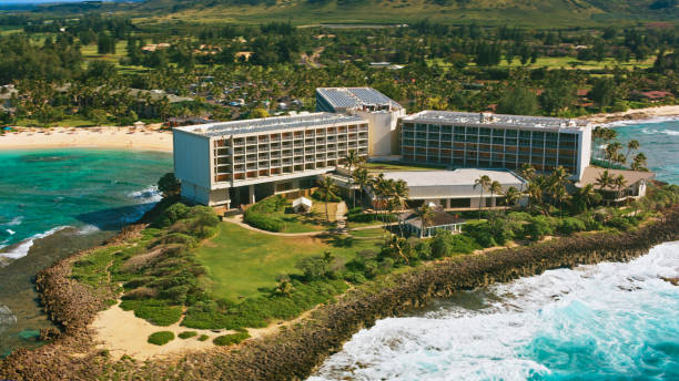 View of Turtle Bay Resort Oahu, HI / USA - February 25, 2021: Aerial view of Turtle Bay Resort with coastline, Hawaii Islands, USA. north shore stock pictures, royalty-free photos & images