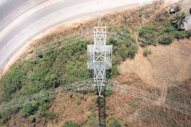 istock Transmission tower in top view to carry high-voltage transmission lines. 1365309678