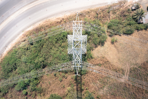 Transmission tower in top view to carry high-voltage transmission lines.