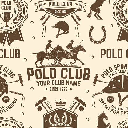 Polo sport club seamless pattern. Vector illustration. Vintage monochrome equestrian background with rider and horse silhouettes. Concept for polo sport pattern background or wallpaper.