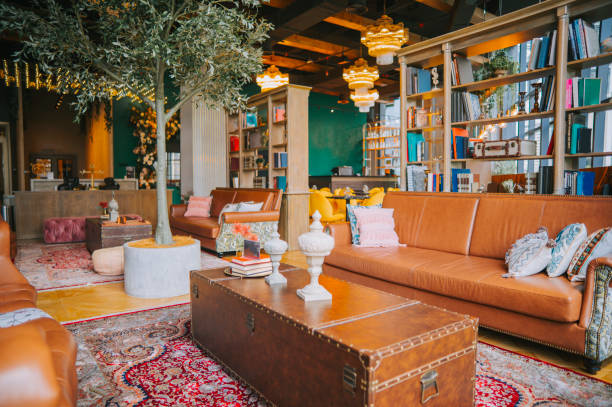 luxury classic interior lounge lobby reception with leather sofa book shelf living room