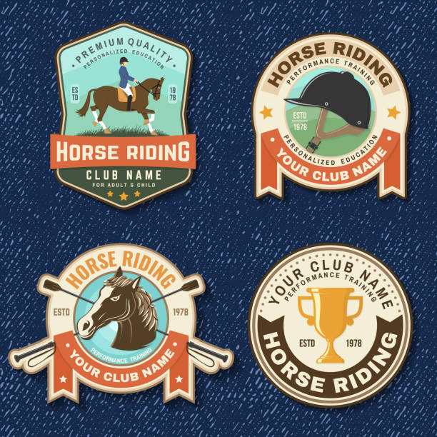 Set of Horse racing sport club badge, patch, emblem, logo. Vector illustration. Vintage equestrian label, sticker with rider and horse silhouettes. Horseback riding sport vector art illustration