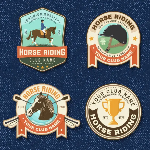 Vector illustration of Set of Horse racing sport club badge, patch, emblem, logo. Vector illustration. Vintage equestrian label, sticker with rider and horse silhouettes. Horseback riding sport