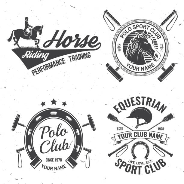 ilustrações de stock, clip art, desenhos animados e ícones de set of polo and horse riding club patch, emblem, logo. vector illustration. templates for polo and horse riding sports club. vintage monochrome label with equestrian, rider, helmet and horse silhouettes. - saddle blanket