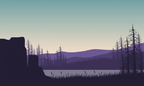 Vector illustration of Aesthetic view of mountains and lake with dry tree silhouettes from out of town at sunrise