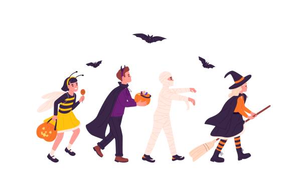ilustrações de stock, clip art, desenhos animados e ícones de kids in halloween carnival costumes. children disguised in witch, mummy and dracula for fall party. boys and girls walking with pumpkin and broom. flat vector illustration isolated on white background - halloween witch child pumpkin